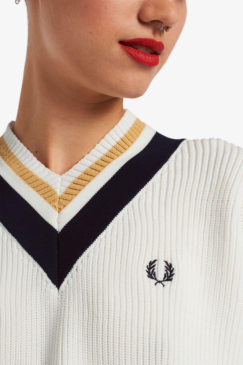 White Fred Perry Tipped V-Neck Jumper Women's Knitwear | PH 1937PJJQ